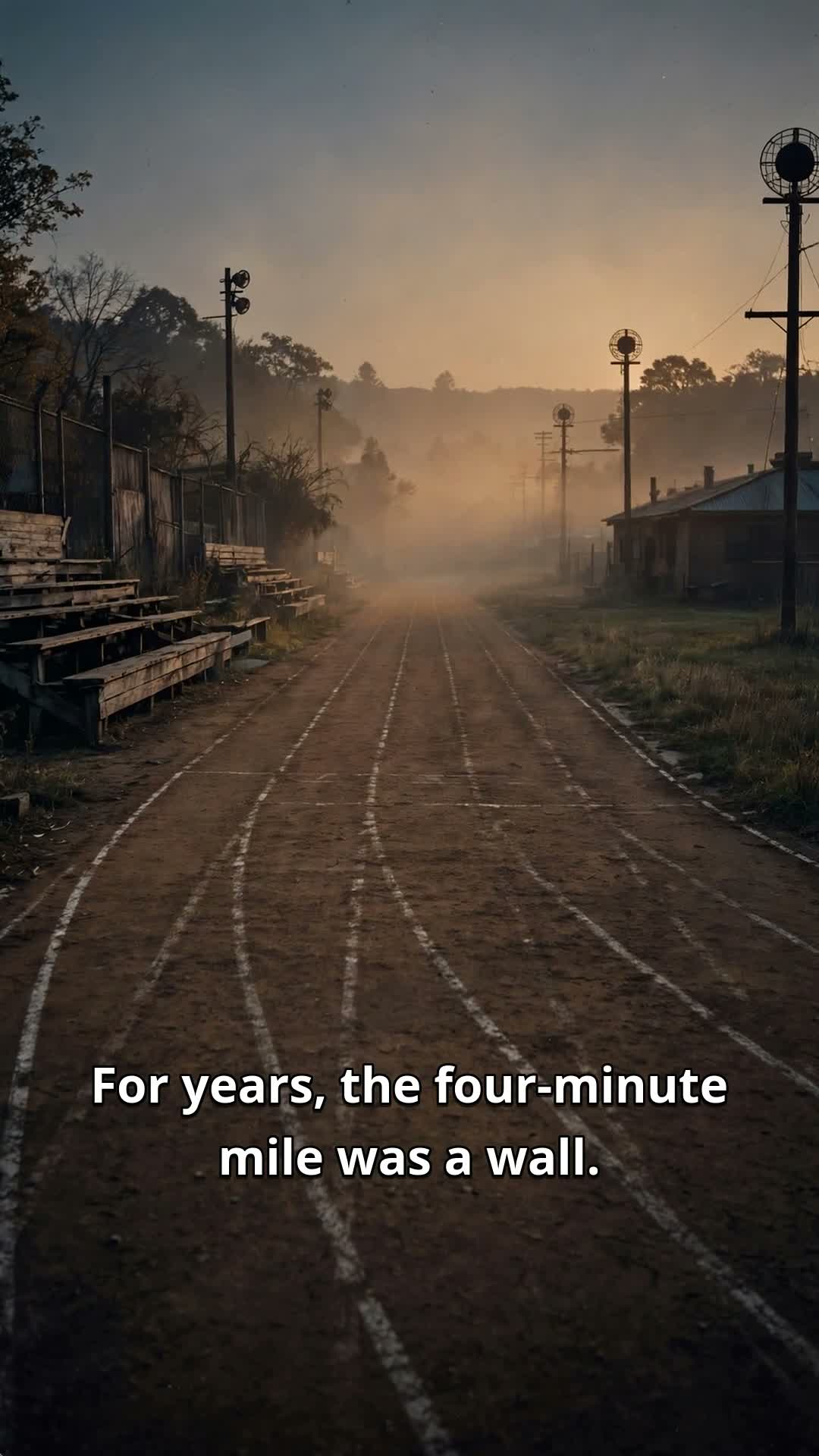 A 1950s runner breaking the finish tape, head tilted back in triumph, crowd blurred behind — cinematic amber grade.