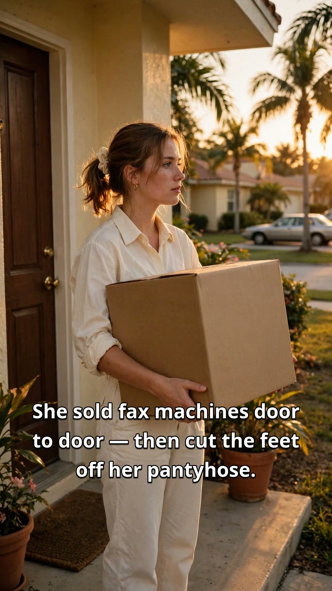 A young woman carrying a cardboard box stands in a sunlit doorway, dressed simply like a door-to-door salesperson