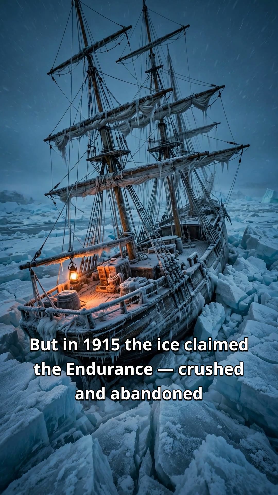 A three-masted polar ship frozen in Antarctic pack ice at dusk, pressure ridges of broken ice around the hull