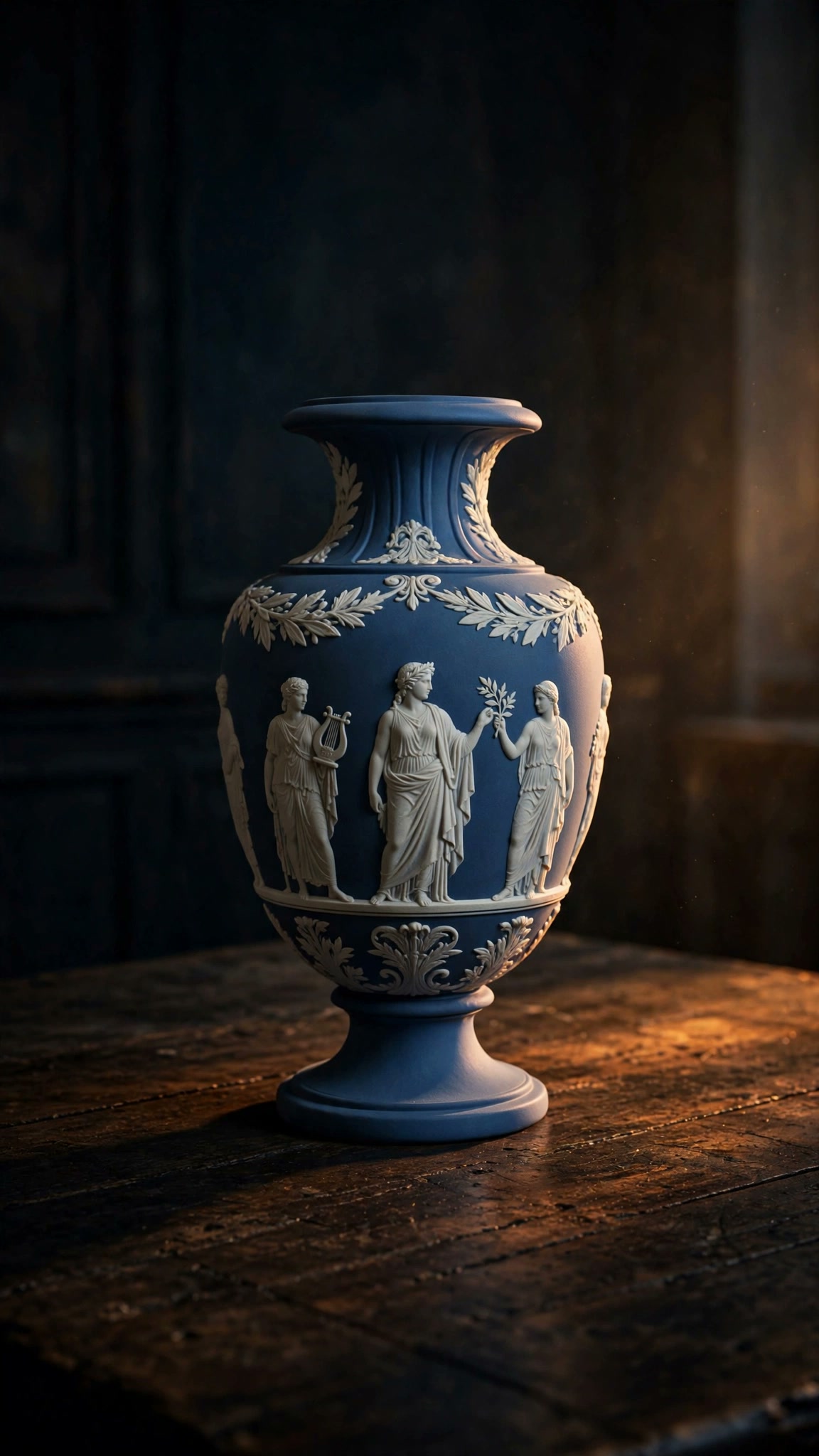 A blue jasperware vase with white classical relief figures — a muse with a lyre, a draped goddess, an olive branch — glowing in warm light on a wooden table, cinematic amber grade.